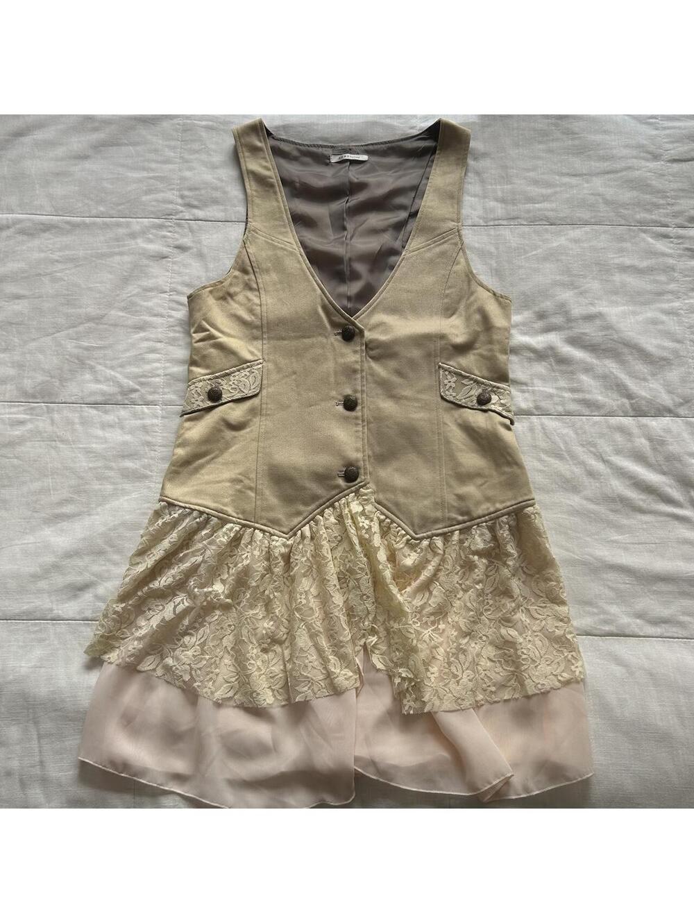Axes Femme Tan Beige Lace Vest Tunic Mori Kei Cottagecore Fits Size L